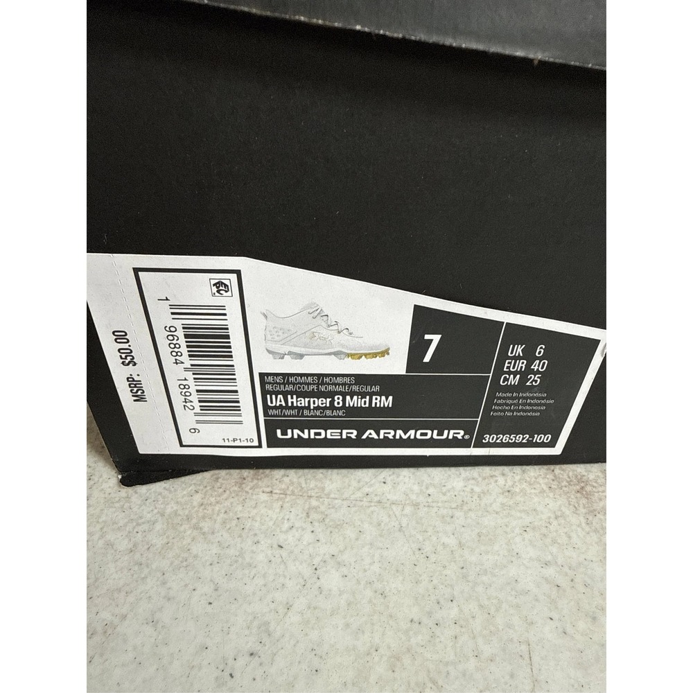 Under Armour Men's Harper 8 Mid RM Baseball Cleats - White/White/Gold, US 7 - Picture 7 of 7